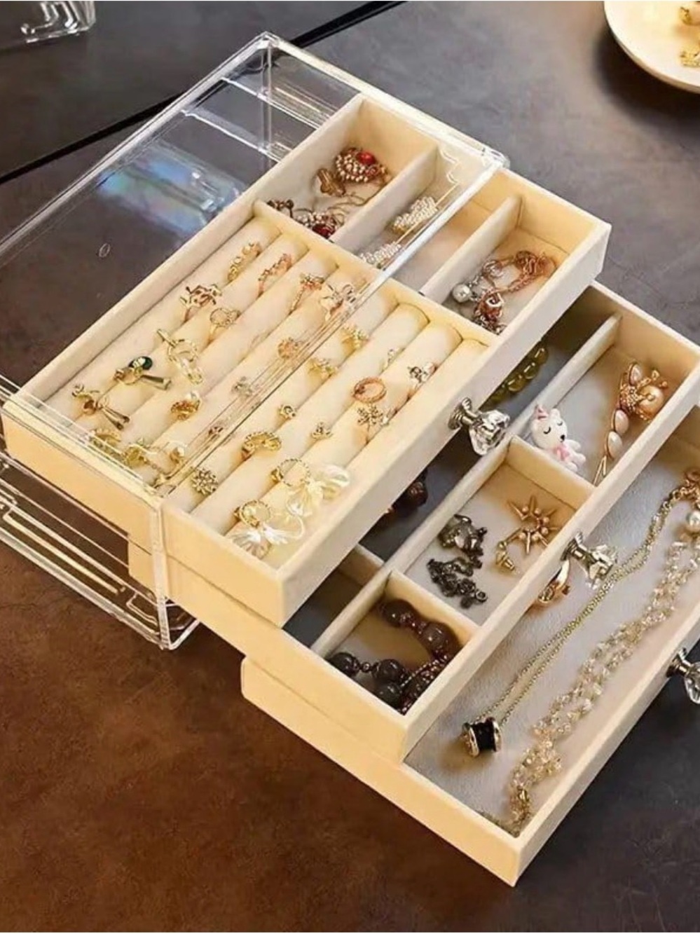 Acrylic and Beige Velvet 3-Tier Jewelry Organizer NIP